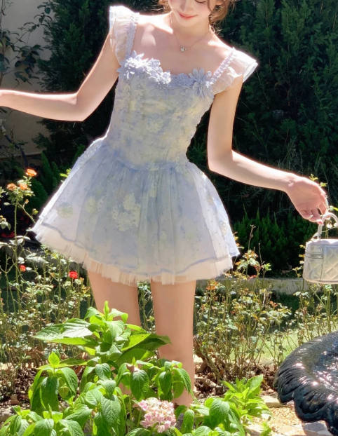 Cute Light Blue 3D Floral Tulle Ruffle Strap A-Line Homecoming Dress DP8765