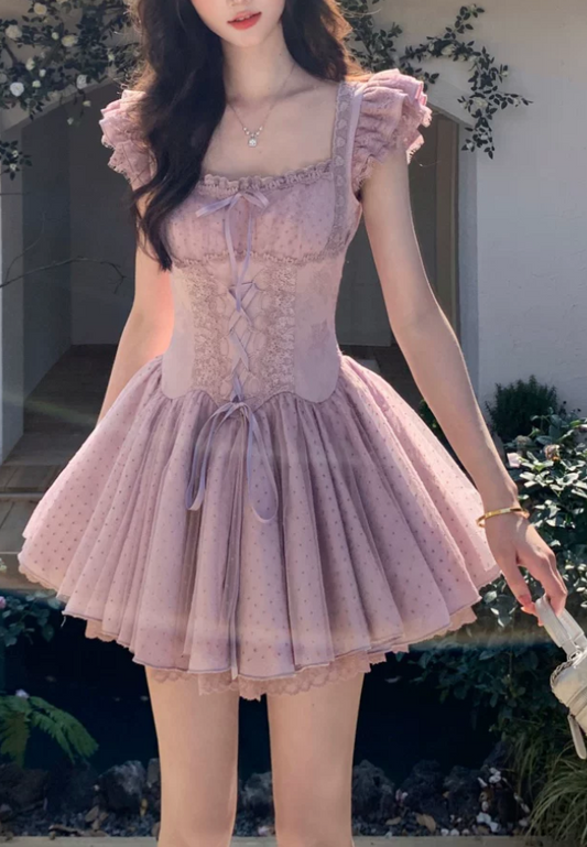 Cute Dusty Purple Polka Dot Tulle Corset Ruffle Strap Square Neck A-Line Homecoming Dress DP8767
