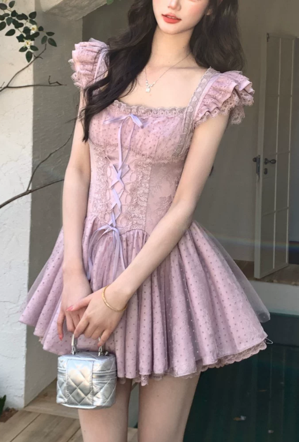 Cute Dusty Purple Polka Dot Tulle Corset Ruffle Strap Square Neck A-Line Homecoming Dress DP8767
