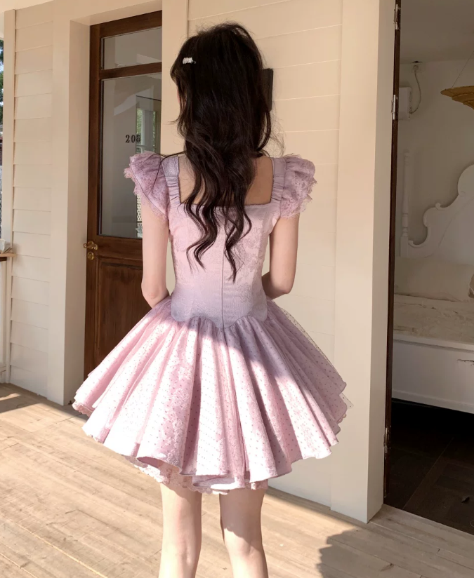 Cute Dusty Purple Polka Dot Tulle Corset Ruffle Strap Square Neck A-Line Homecoming Dress DP8767