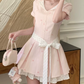 Cute Pink Striped Pleated Polka Dot Bow A-Line Homecoming Dress DP8768
