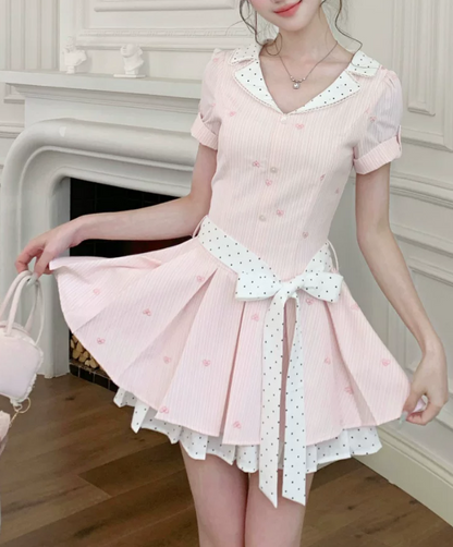 Cute Pink Striped Pleated Polka Dot Bow A-Line Homecoming Dress DP8768