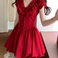 Cute Red Ruffled V-Neck Lace Corset Short Puff Sleeve Bow A-Line Homecoming Dress DP8769
