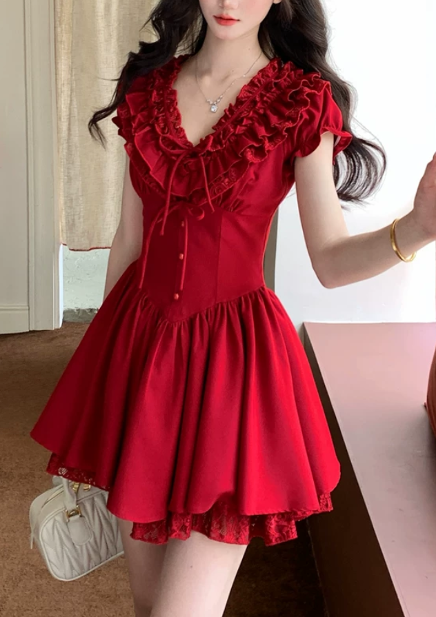 Cute Red Ruffled V-Neck Lace Corset Short Puff Sleeve Bow A-Line Homecoming Dress DP8769