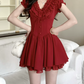 Cute Red Ruffled V-Neck Lace Corset Short Puff Sleeve Bow A-Line Homecoming Dress DP8769