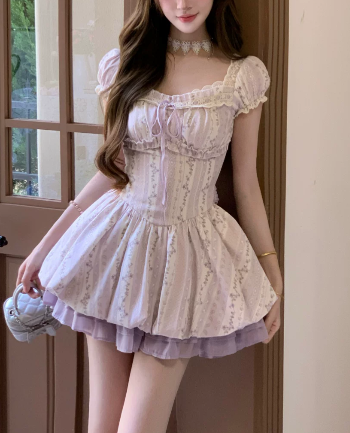 Cute Lavender Floral Square Neck Puff Sleeve A-Line Ruffle Trim Homecoming Dress DP8770