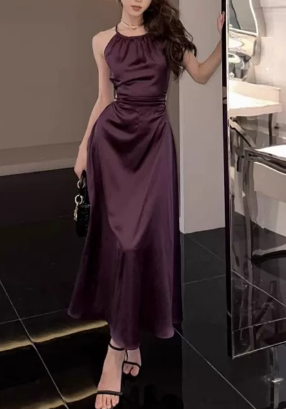 Elegant Purple Satin Halter-Neck Ruched A-Line Evening Gown DP8771
