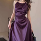 Elegant Purple Satin Halter-Neck Ruched A-Line Evening Gown DP8771