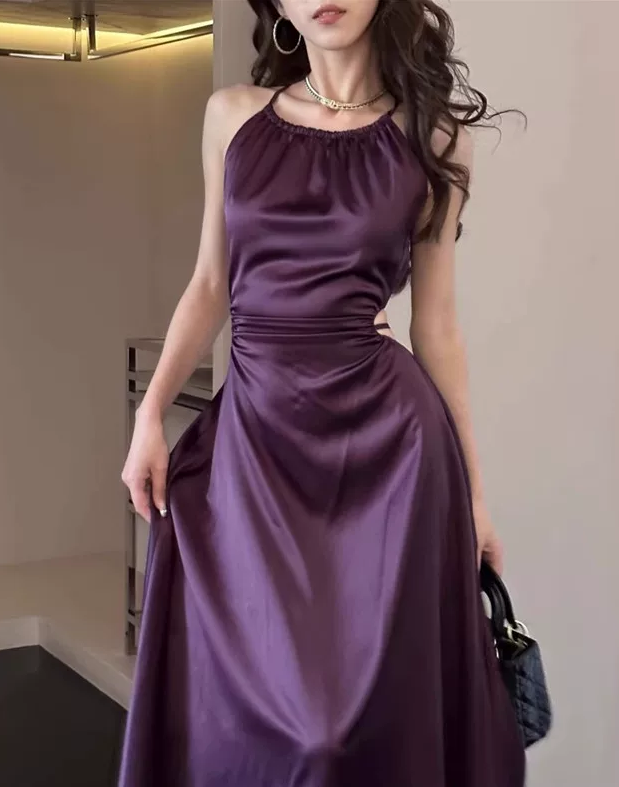 Elegant Purple Satin Halter-Neck Ruched A-Line Evening Gown DP8771