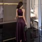 Elegant Purple Satin Halter-Neck Ruched A-Line Evening Gown DP8771
