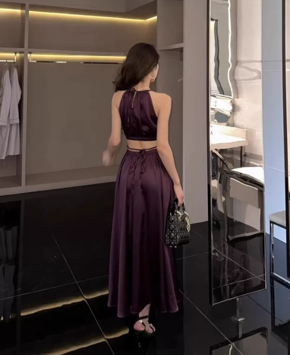 Elegant Purple Satin Halter-Neck Ruched A-Line Evening Gown DP8771