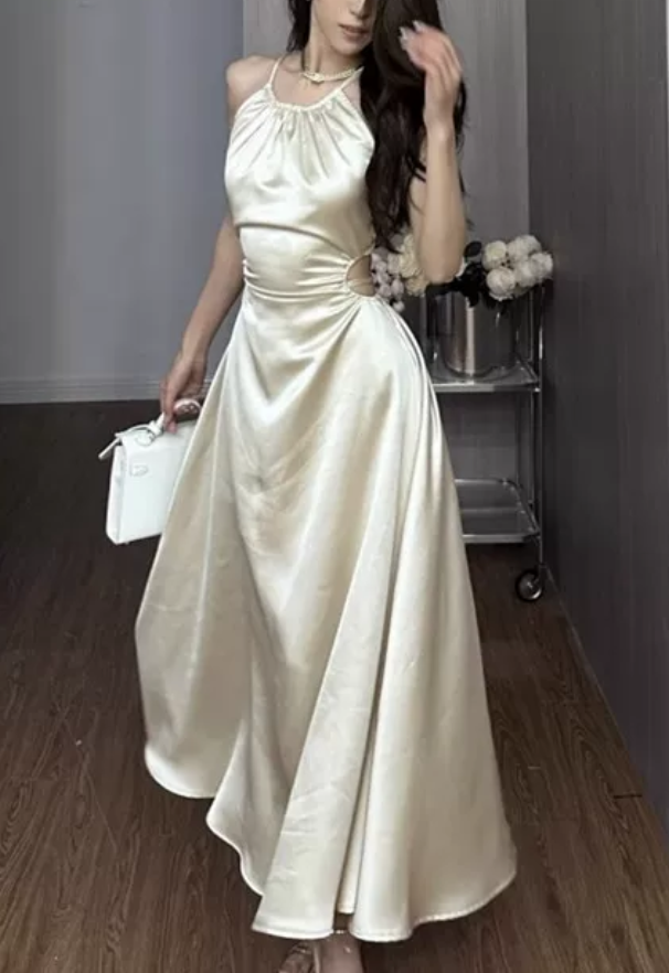 Elegant Purple Satin Halter-Neck Ruched A-Line Evening Gown DP8771