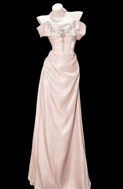 Elegant Pink Satin Mermaid Off-the-Shoulder Beaded Evening Gown DP8772