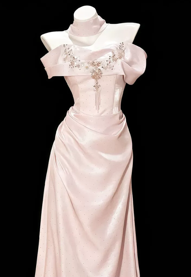 Elegant Pink Satin Mermaid Off-the-Shoulder Beaded Evening Gown DP8772