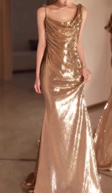 Elegant Champagne Gold Shimmer Mermaid Cowl Neck Spaghetti Straps Evening Gown DP8773