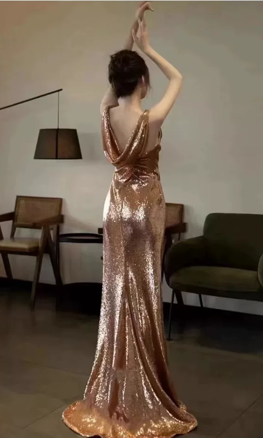 Elegant Champagne Gold Shimmer Mermaid Cowl Neck Spaghetti Straps Evening Gown DP8773