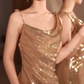 Elegant Champagne Gold Shimmer Mermaid Cowl Neck Spaghetti Straps Evening Gown DP8773
