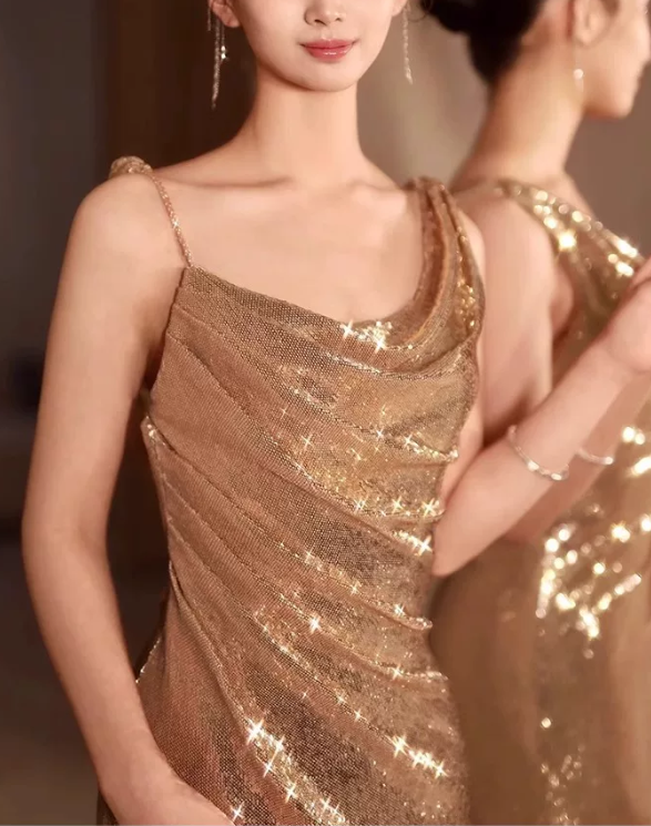Elegant Champagne Gold Shimmer Mermaid Cowl Neck Spaghetti Straps Evening Gown DP8773