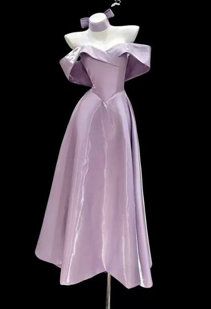 Elegant Lilac Off-the-Shoulder A-Line Midi Satin Evening Gown DP8774