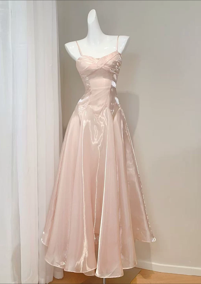 Elegant Pink Spaghetti Strap A-Line Midi Shimmer Organza Evening Gown DP8775