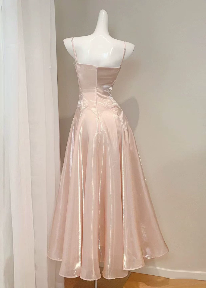 Elegant Pink Spaghetti Strap A-Line Midi Shimmer Organza Evening Gown DP8775