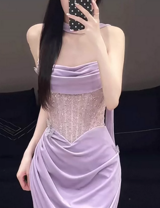 Elegant Lilac Strapless Cowl Neck Mermaid Beaded Bodice Draped Prom Dress DP8776