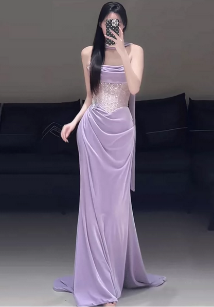 Elegant Lilac Strapless Cowl Neck Mermaid Beaded Bodice Draped Prom Dress DP8776