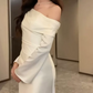 Elegant Ivory Satin One-Shoulder Long Sleeve Ruched Sheath Prom Dress DP8777