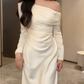 Elegant Ivory Satin One-Shoulder Long Sleeve Ruched Sheath Prom Dress DP8777