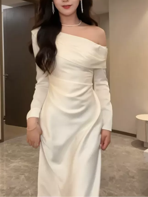 Elegant Ivory Satin One-Shoulder Long Sleeve Ruched Sheath Prom Dress DP8777