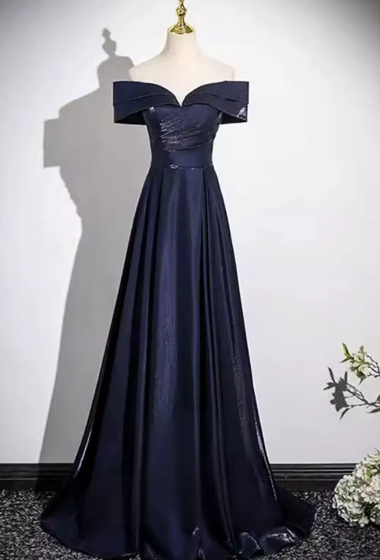 Elegant Navy Blue Off-the-Shoulder Satin A-Line Prom Dress DP8778