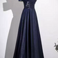 Elegant Navy Blue Off-the-Shoulder Satin A-Line Prom Dress DP8778