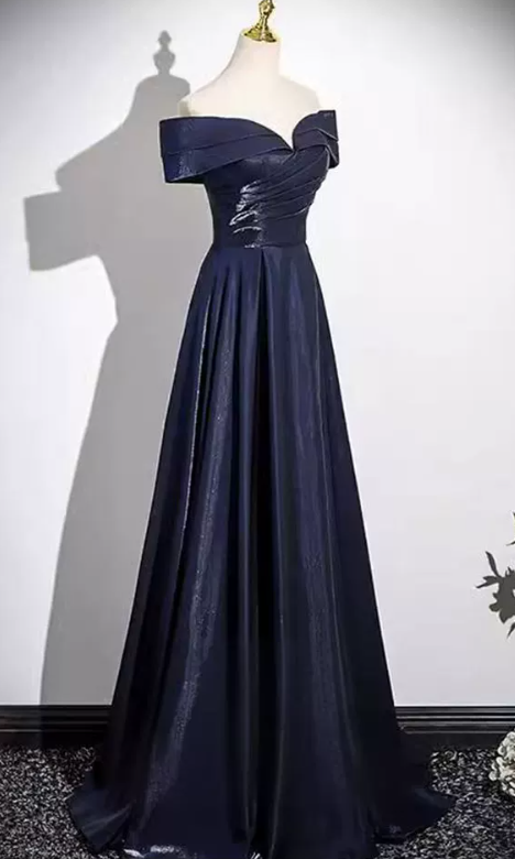 Elegant Navy Blue Off-the-Shoulder Satin A-Line Prom Dress DP8778