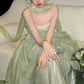 Elegant Sage Green Strapless Long Flowing Scarf Draped Tulle A-Line Prom Dress DP8780