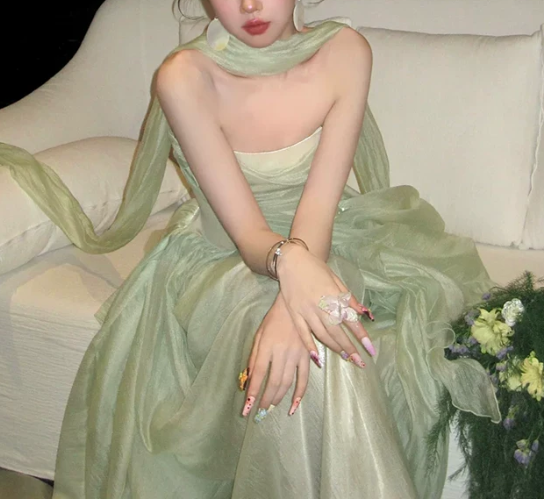 Elegant Sage Green Strapless Long Flowing Scarf Draped Tulle A-Line Prom Dress DP8780