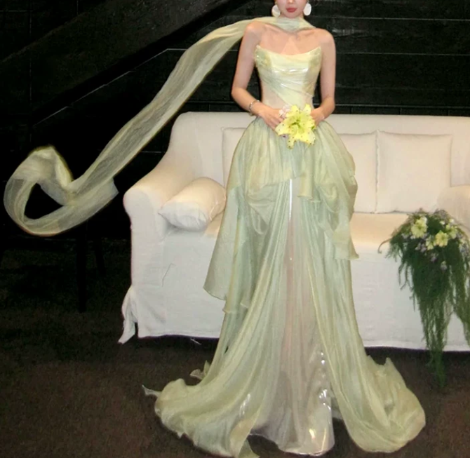 Elegant Sage Green Strapless Long Flowing Scarf Draped Tulle A-Line Prom Dress DP8780
