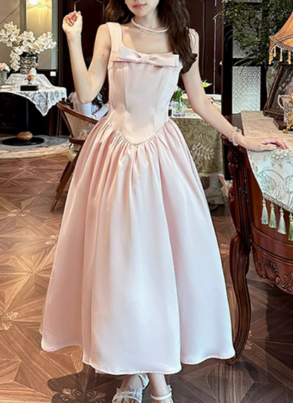 Elegant Pink Satin Square Neck Bow Tea Length A-Line Prom Dress DP8782