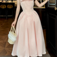 Elegant Pink Satin Square Neck Bow Tea Length A-Line Prom Dress DP8782