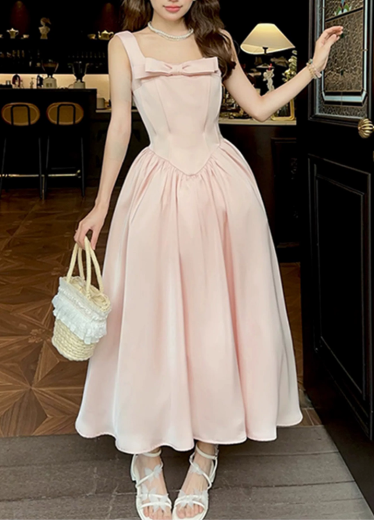 Elegant Pink Satin Square Neck Bow Tea Length A-Line Prom Dress DP8782