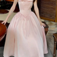 Elegant Pink Satin Square Neck Bow Tea Length A-Line Prom Dress DP8782