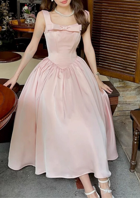 Elegant Pink Satin Square Neck Bow Tea Length A-Line Prom Dress DP8782