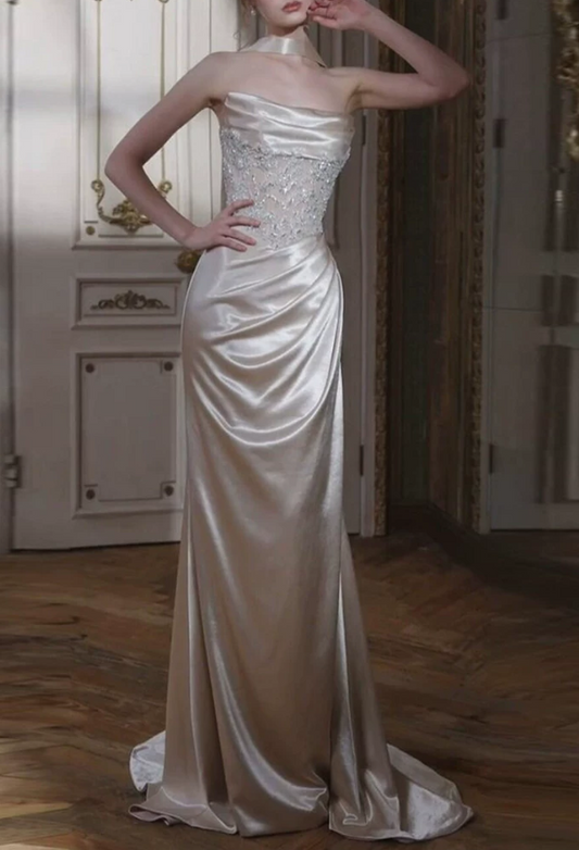 Elegant Champagne Satin Strapless Mermaid Beaded Prom Dress DP8783