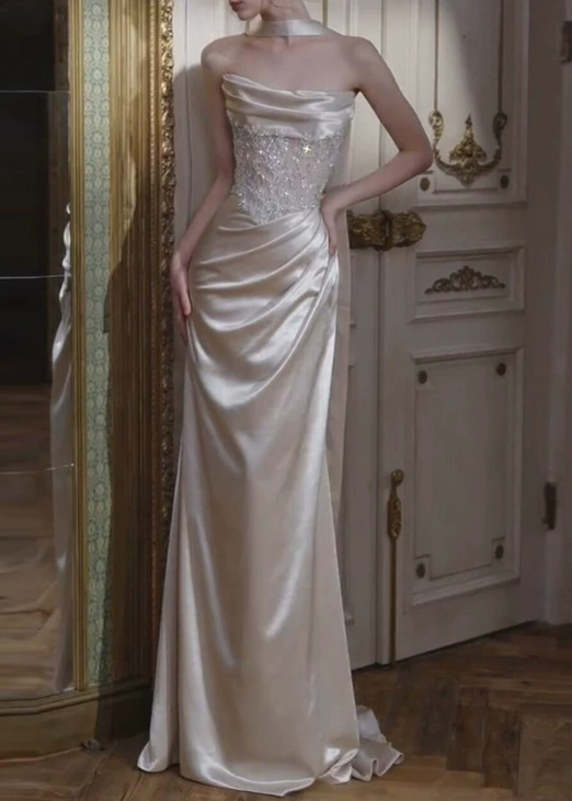 Elegant Champagne Satin Strapless Mermaid Beaded Prom Dress DP8783