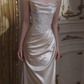 Elegant Champagne Satin Strapless Mermaid Beaded Prom Dress DP8783