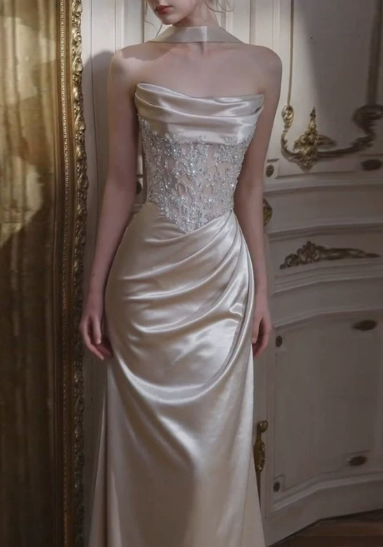 Elegant Champagne Satin Strapless Mermaid Beaded Prom Dress DP8783