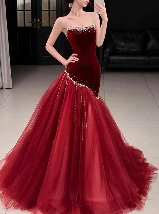 Elegant Burgundy Velvet Mermaid Tulle Strapless Sweetheart Prom Dress DP8785