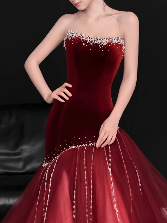 Elegant Burgundy Velvet Mermaid Tulle Strapless Sweetheart Prom Dress DP8785