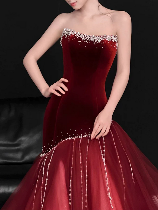 Elegant Burgundy Velvet Mermaid Tulle Strapless Sweetheart Prom Dress DP8785