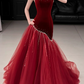 Elegant Burgundy Velvet Mermaid Tulle Strapless Sweetheart Prom Dress DP8785