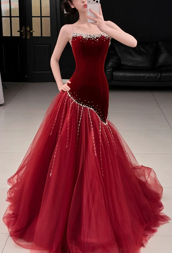 Elegant Burgundy Velvet Mermaid Tulle Strapless Sweetheart Prom Dress DP8785